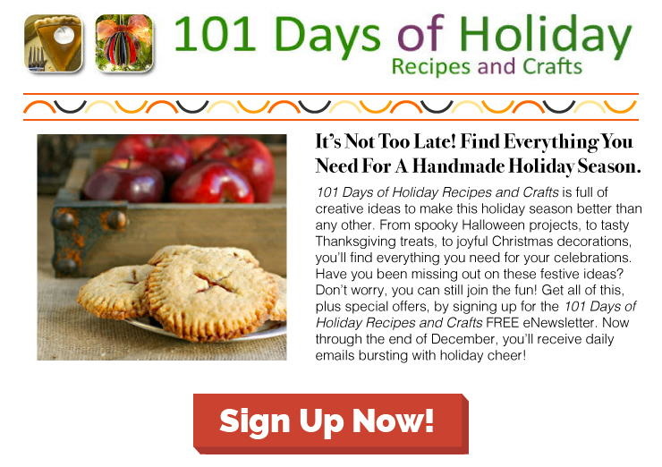 101 Days of Holiday Recipes and Crafts is full of creative ideas to make this holiday season better than any other. From spooky Halloween projects, to tasty Thanksgiving treats, to joyful Christmas decorations, you'll find everything you need for your celebrations. Have you been missing out on these festive ideas? Don't worry, you can still join the fun! Get all of this, plus special offers, by signing up for the 101 Days of Holiday Recipes and Crafts FREE eNewsletter. Now through the end of Decemeber, you'll receive daily emails bursting with holiday cheer!