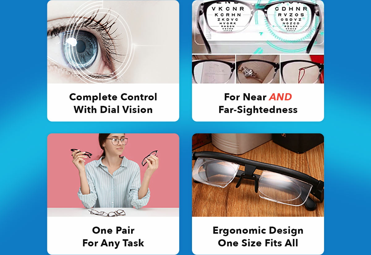 Complete vision control with dial, for near and far-sightedness, one pair for any task and one size fits all